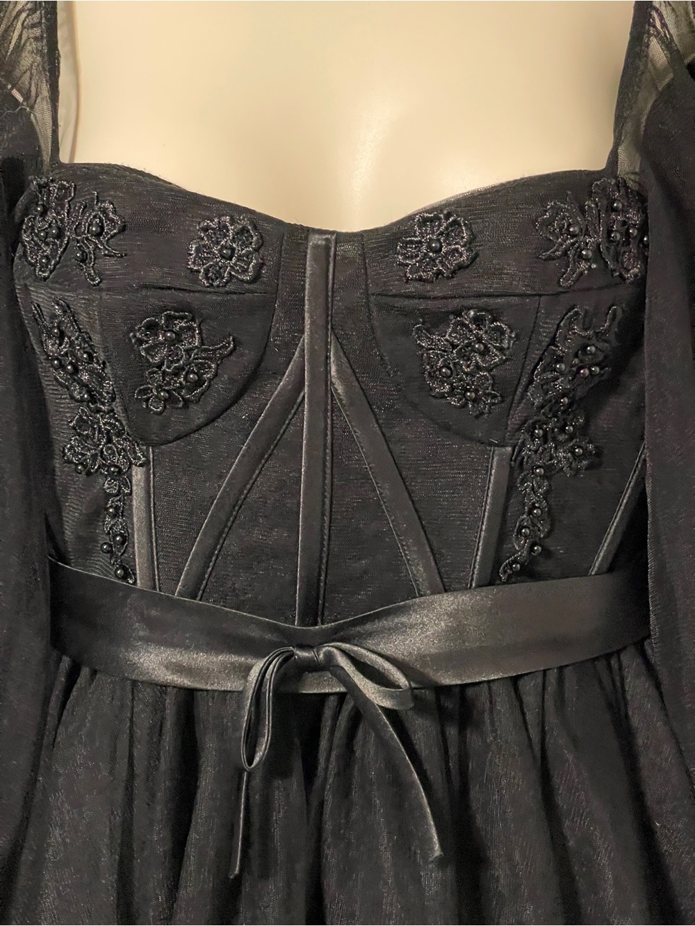 Black Gothic Corset Tulle Maxi Dress Sheer Puff Sleeve Dark Fairy Prom Renfair 4 - Picture 9 of 14